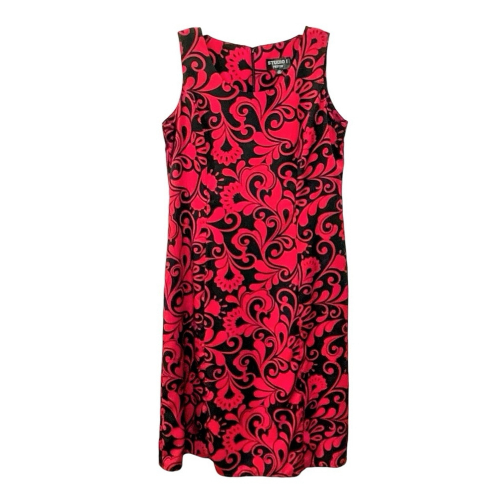 Studio l Petite Womens Size 12P Sleeveless Dress Floral Midi Red Black